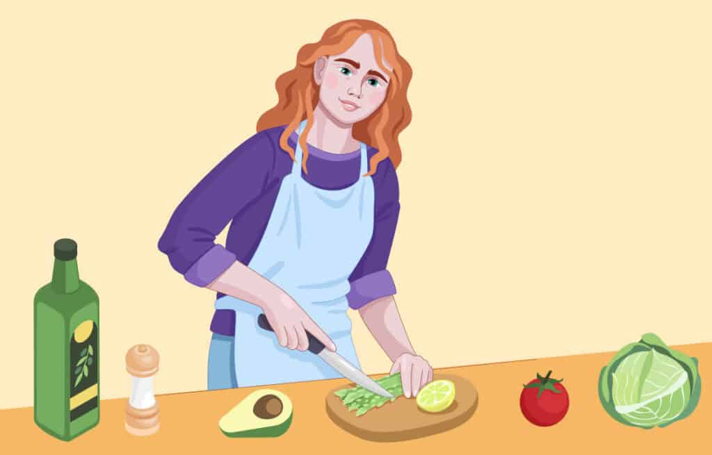 Illustration of a woman chopping vegetables in a kitchen. She is surrounded by healthy ingredients, emphasizing healthy eating and cooking.