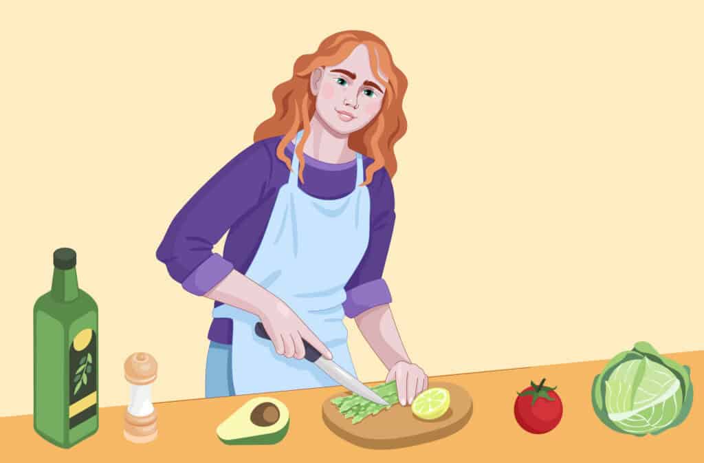 Illustration of a woman chopping vegetables in a kitchen. She is surrounded by healthy ingredients, emphasizing healthy eating and cooking.