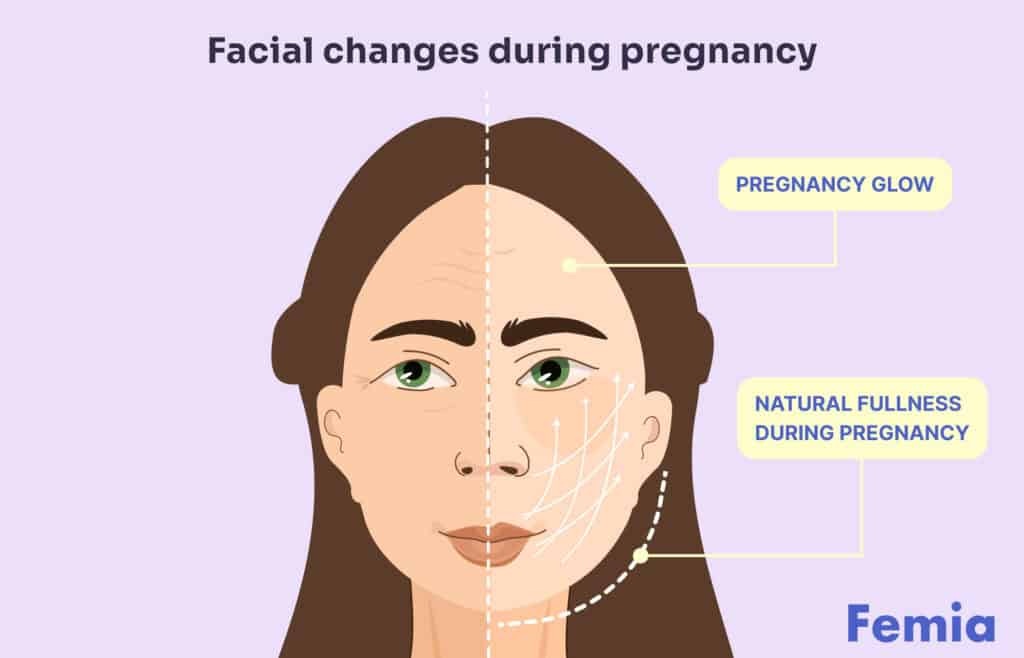 Illustration of facial changes during pregnancy, including pregnancy glow and natural fullness.