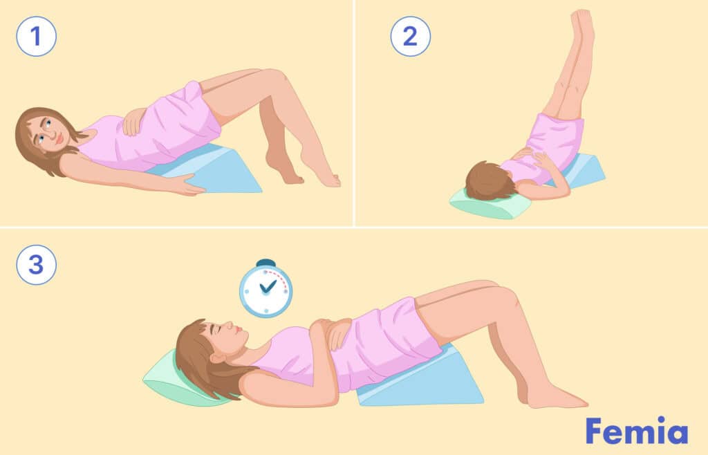 Infographic showing positions for using a pillow under hips after sex to improve chances of getting pregnant.