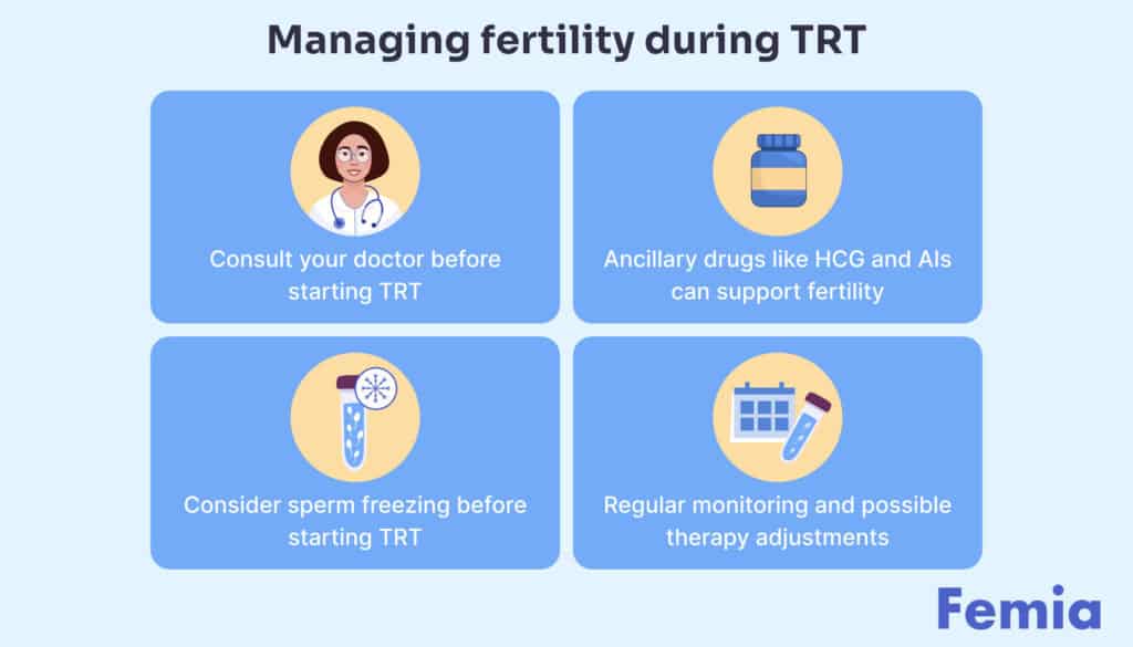 Infographic on managing fertility during TRT: consult doctor, ancillary drugs, sperm freezing, regular monitoring.