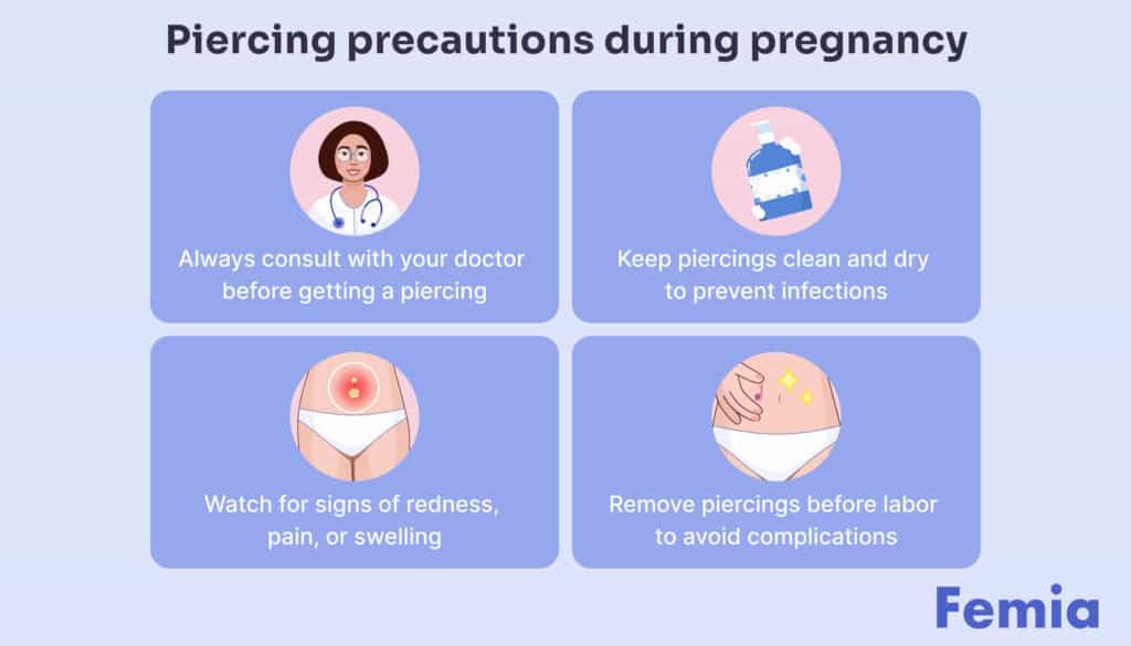 Infographic on piercing precautions during pregnancy: consult doctor, keep piercings clean, watch for redness, remove before labor.