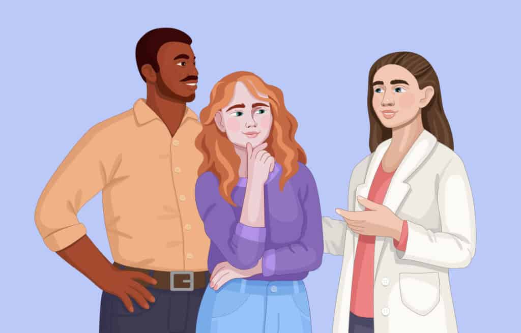 Illustration of a woman and a man consulting with a female doctor, seeking medical advice about how to get pregnant with endometriosis naturally.