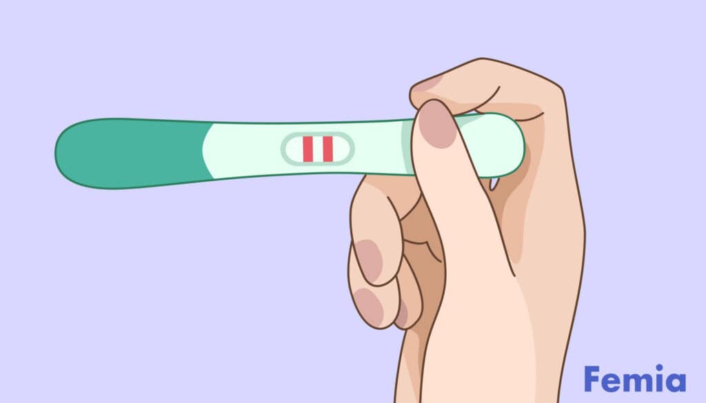 Hand holding a positive pregnancy test with two lines.