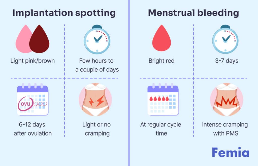 Comparison chart highlighting differences between implantation spotting and menstrual bleeding, such as color, duration, timing, and symptoms.
