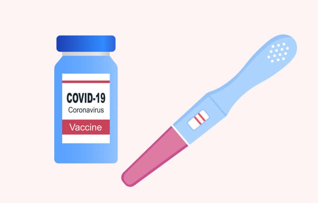 COVID-19 Coronavirus Vaccine next to a positive pregnancy test, illustrating concerns about Pfizer vaccine and pregnancy.