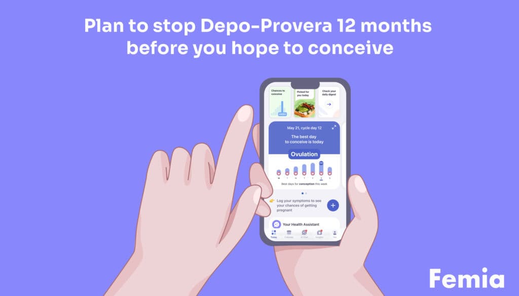 A hand holding a smartphone with a fertility tracking app. There's the advice to stop Depo-Provera 12 months before hoping to conceive.