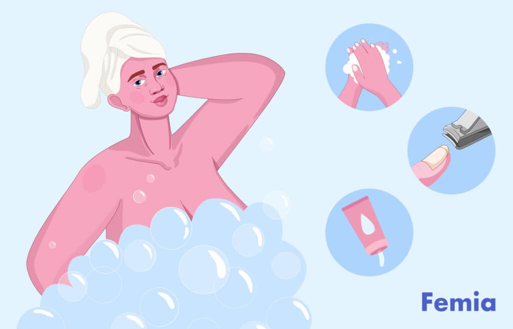Illustration of a woman surrounded by soap bubbles and icons for handwashing, nail clipping, and lube application.