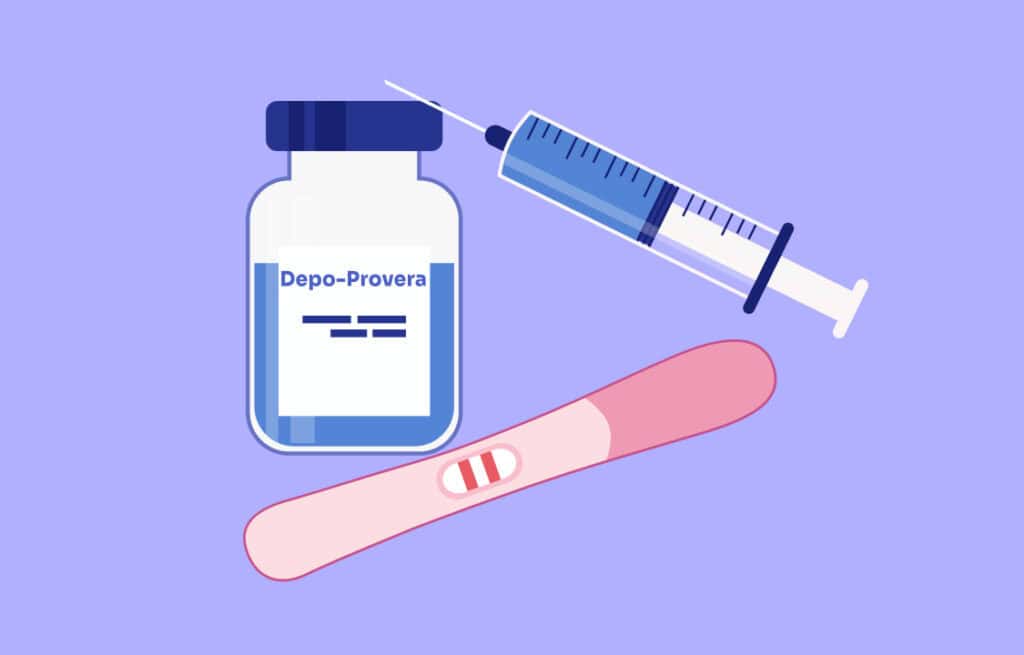 Illustration of a Depo-Provera vial, syringe, and positive pregnancy test, indicating the early signs of pregnancy after Depo.