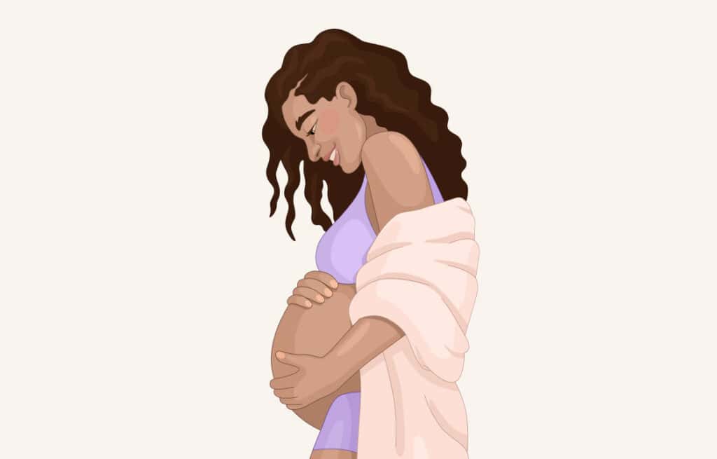 Illustration of a pregnant woman, listening to her belly, representing quickening in pregnancy. Viewers of this file can see comments and suggestions.