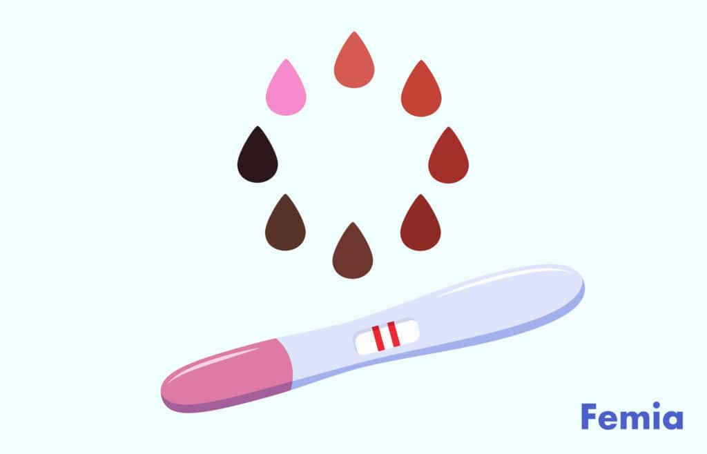 An illustration of a positive pregnancy test and drops of blood that represent an Implantation bleeding.