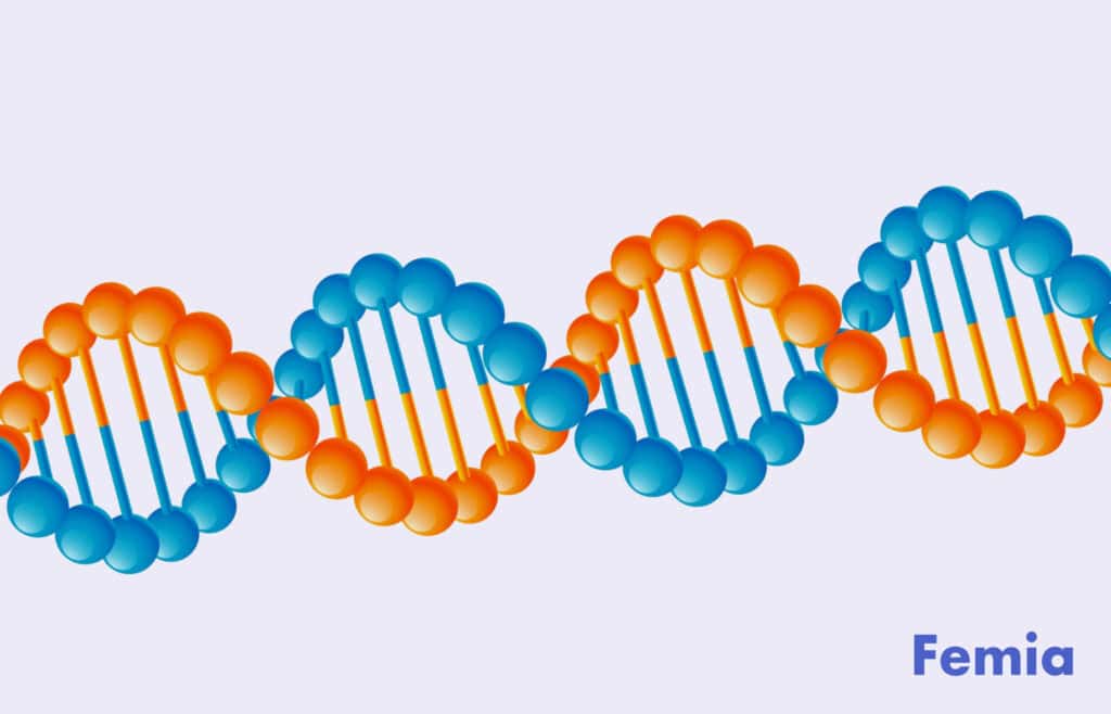 DNA strand with orange and blue molecules.
