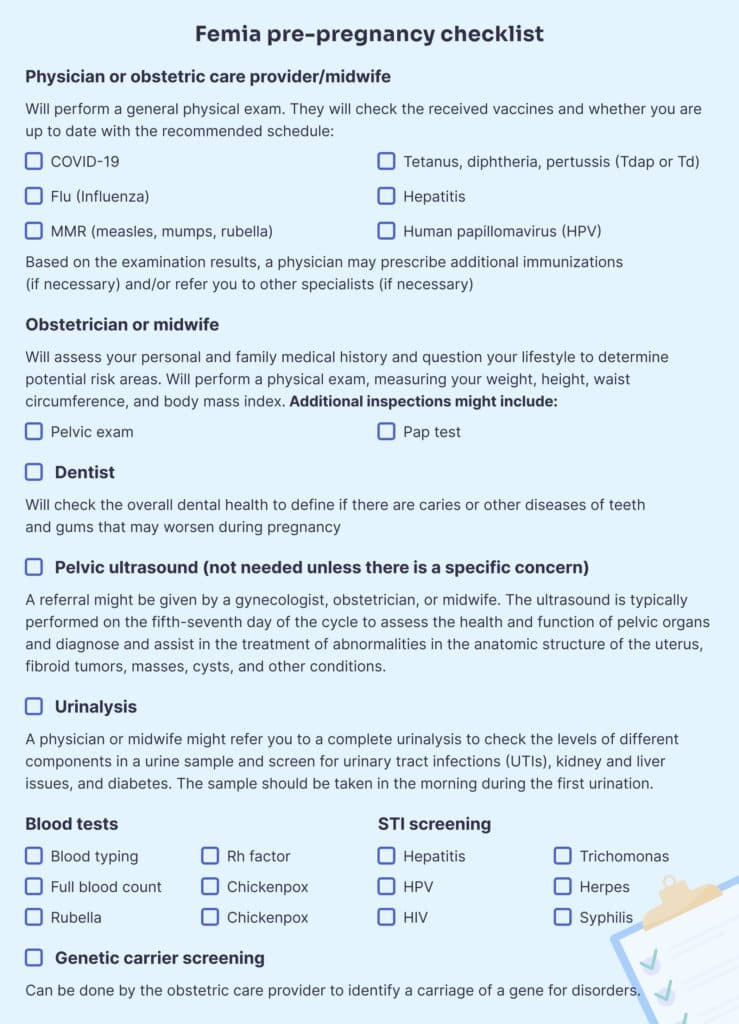 A comprehensive checklist for pre-pregnancy preparation, including vaccines, medical history assessment, physical exams, dental health checks, pelvic ultrasound, urinalysis, blood tests, STI screening, and genetic carrier screening.