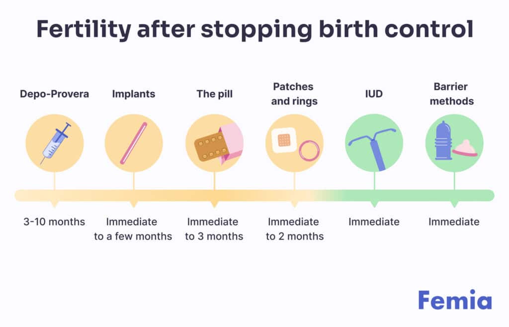 A timeline showing how quickly fertility returns after stopping different birth control methods.