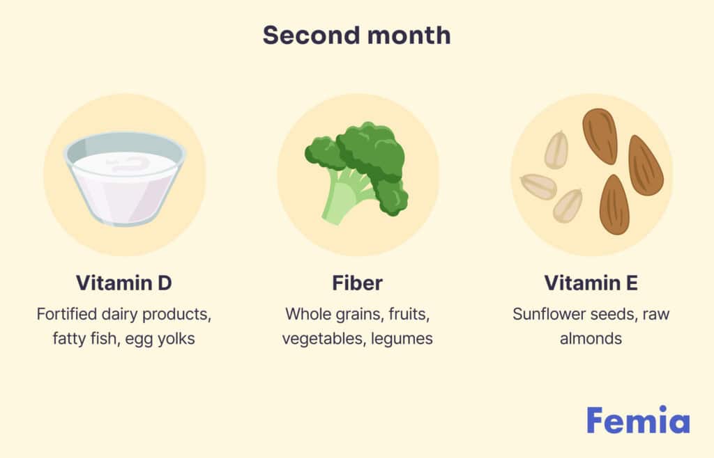 Chart highlighting vitamin D, fiber, and vitamin E as essential nutrients in the second month of pregnancy.
