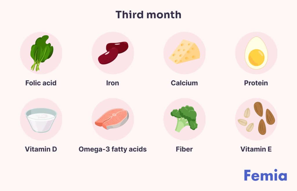 Chart showing important nutrients like folic acid, iron, calcium, protein, vitamin D, omega-3 fatty acids, fiber, and vitamin E needed in the third month of pregnancy.