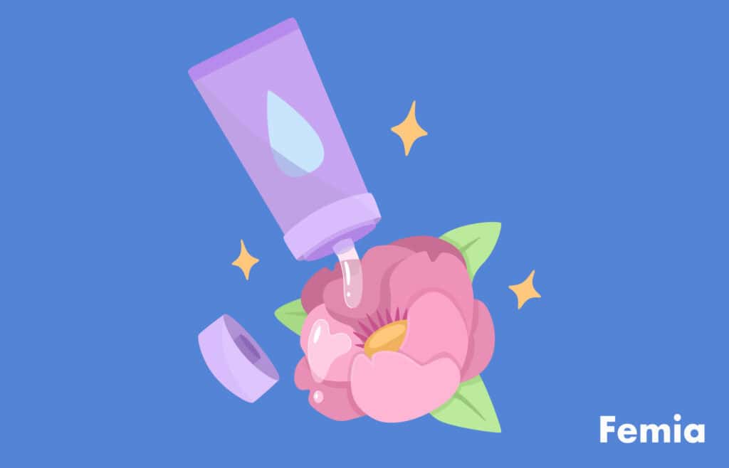 Illustration of a lubricant being applied on a pink flower.