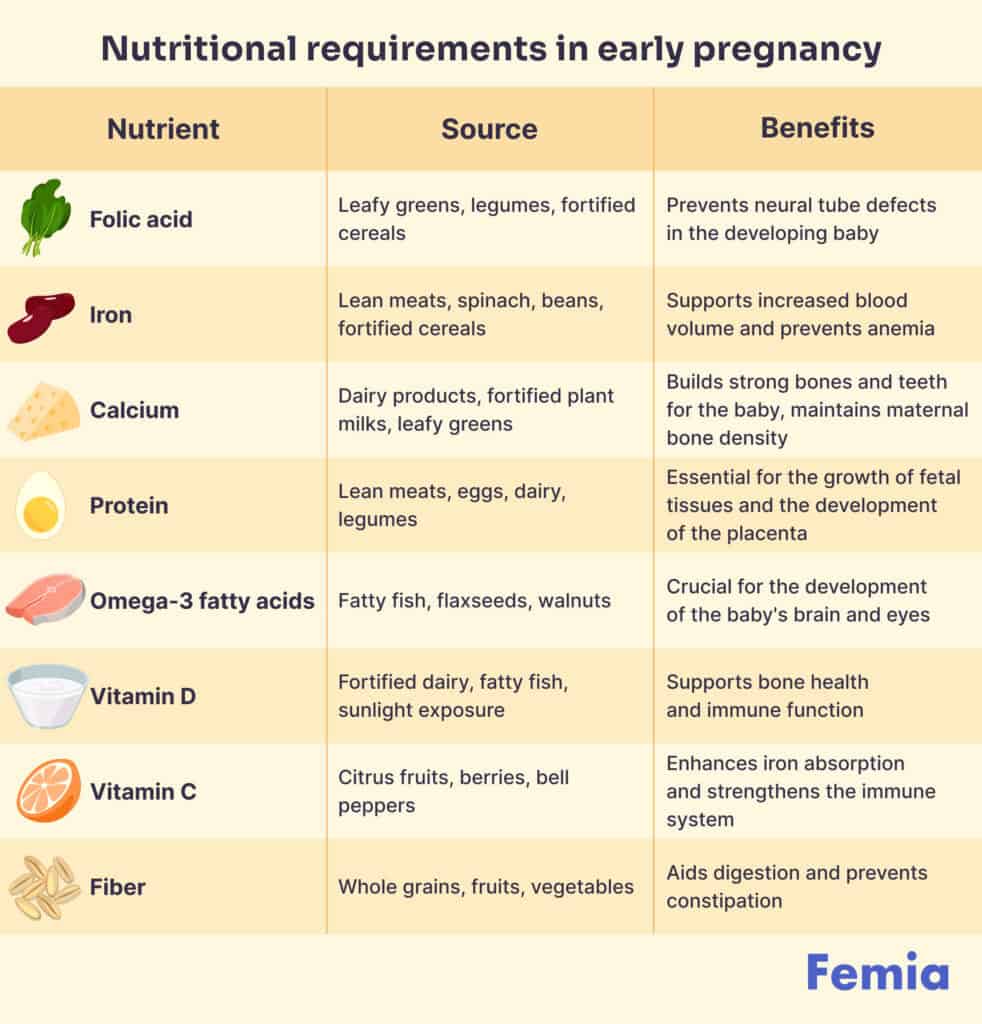 Chart detailing essential nutrients, their sources, and benefits during early pregnancy.