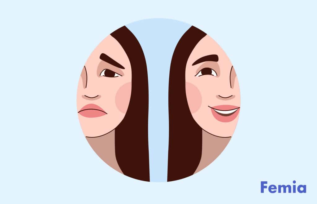 Two faces of a woman showing happy and sad emotions, illustrating mood swings during ovulation. Viewers of this file can see comments and suggestions.