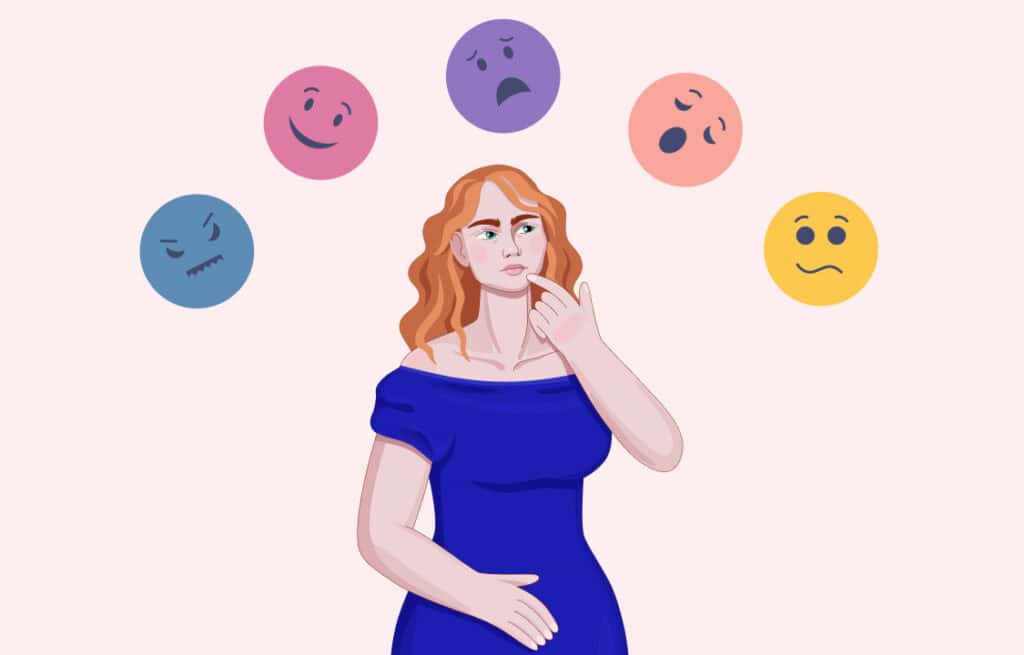 A woman surrounded by different emotion icons, representing how ovulation can affect mood.