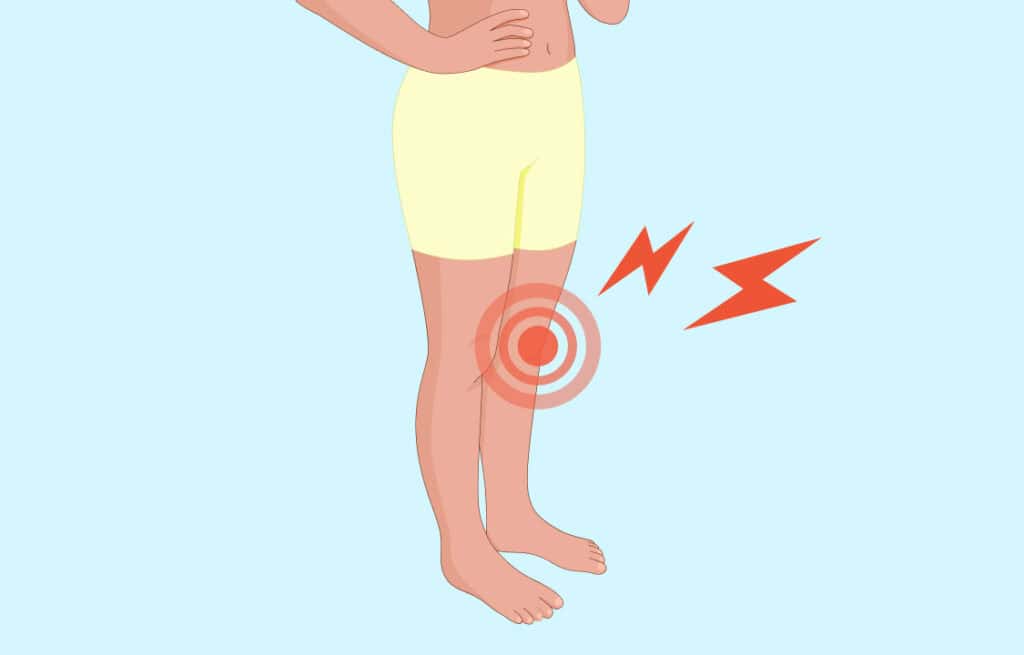 Illustration of a woman's legs with a red target indicating perimenopause joint pain.
