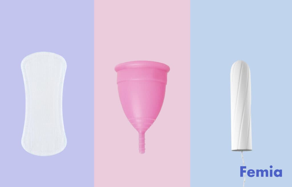 A side-by-side comparison of a sanitary pad, a pink menstrual cup, and a tampon.