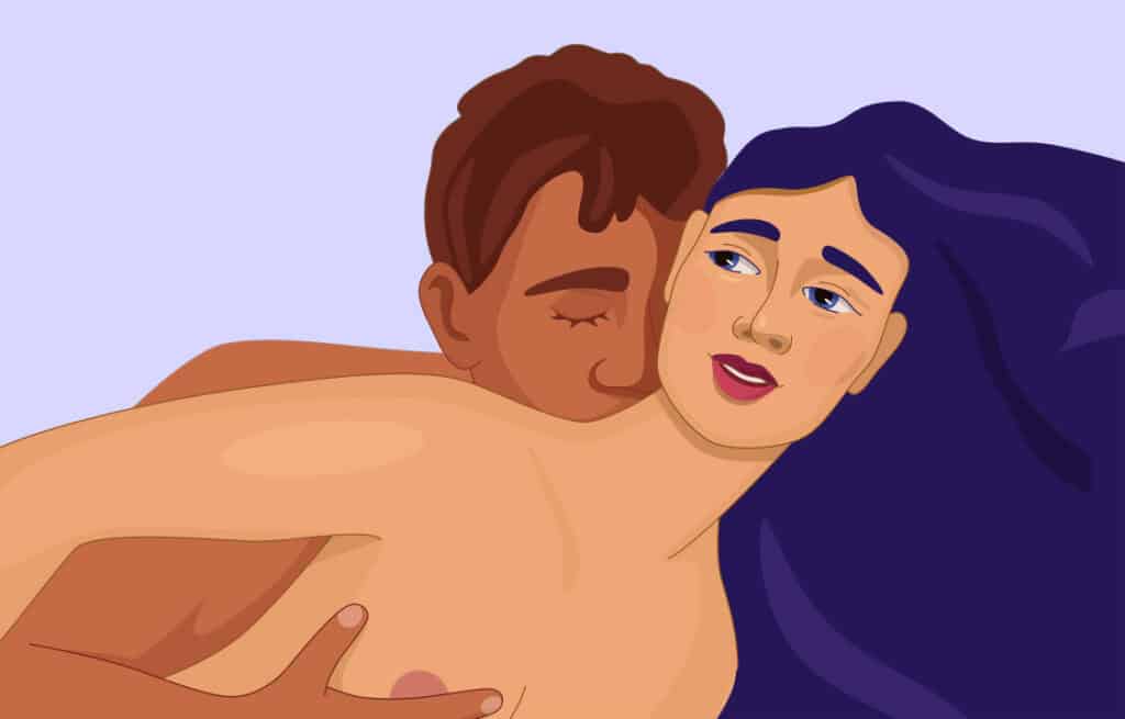 Illustration of a couple hugging each other representing a postpartum sex.