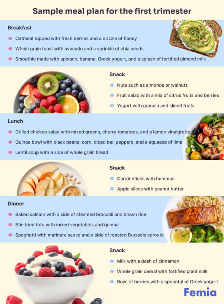 Image shows a sample meal plan for the first trimester with options for breakfast, snacks, lunch, dinner, and additional snacks.