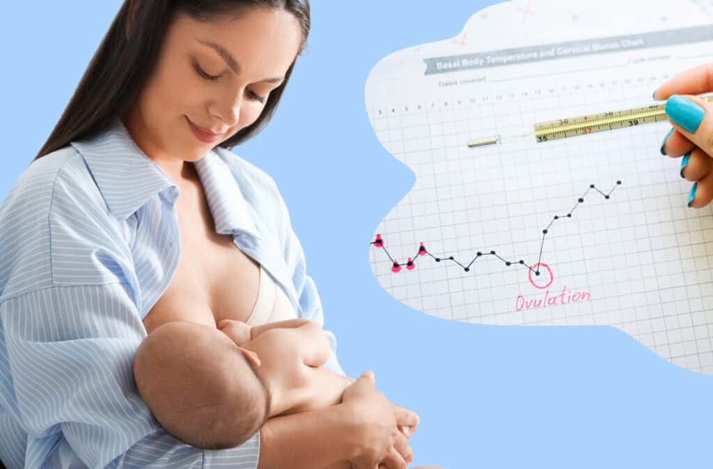 Illustration of a woman holding a baby with an ovulation test representing returning fertility while breastfeeding.