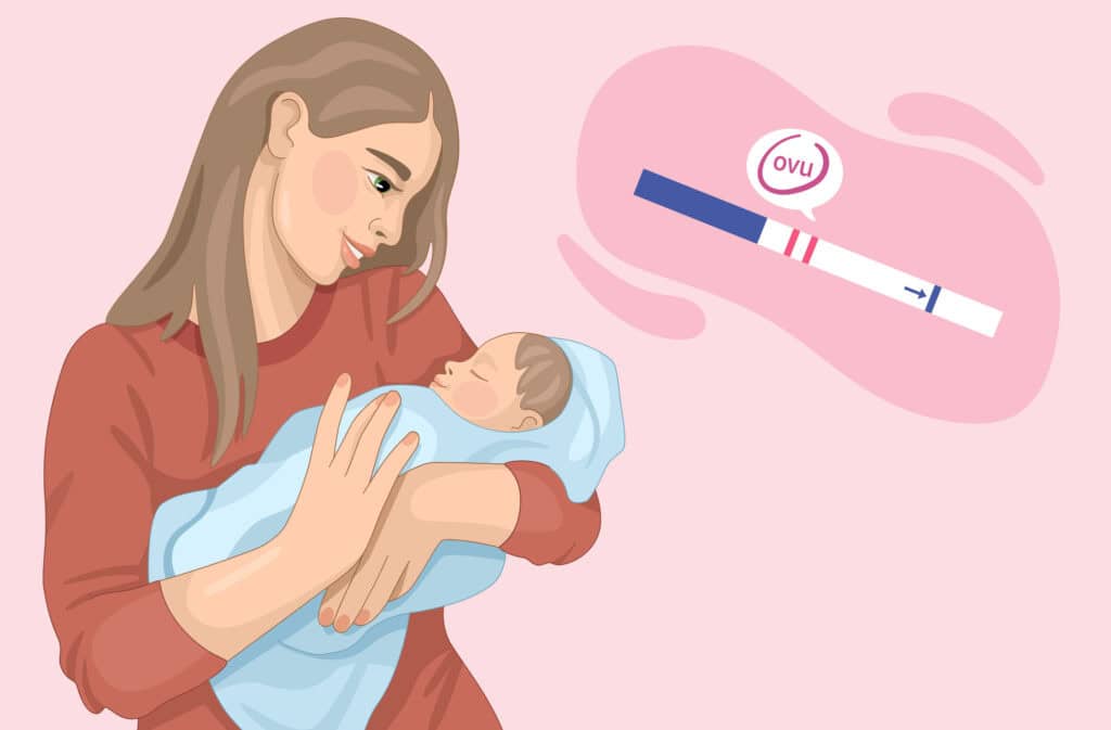 A mother holding her baby with an ovulation test kit symbol beside them, indicating signs of ovulation after giving birth.