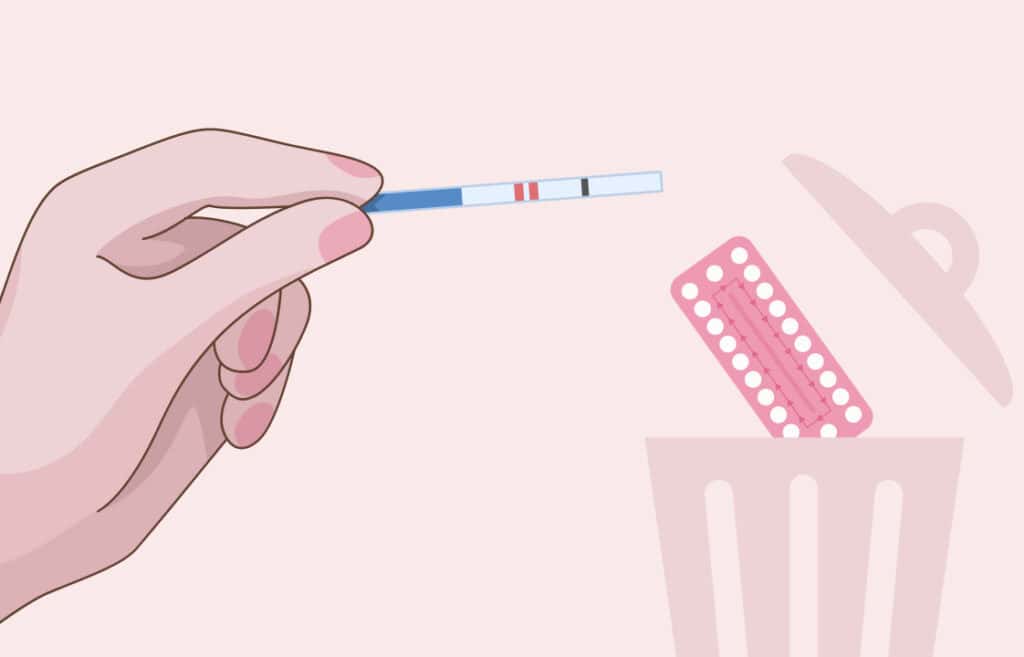 Illustration of a positive ovulation test with birth control pills in a trash bin, indicating ovulation after stopping taking birth control pills.