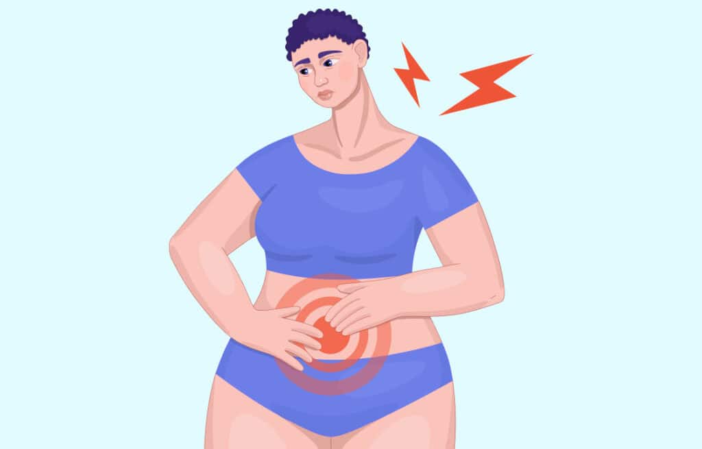 Illustration of a woman experiencing stomach pain after sex.