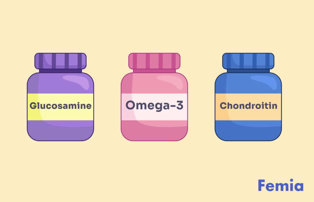llustration of three supplement bottles labeled Glucosamine, Omega-3, and Chondroitin.