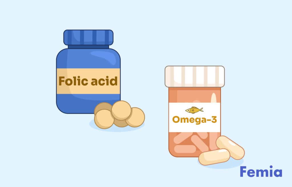 An illustration of buttles of folic acid and omega-3 recommended during pregnancy.