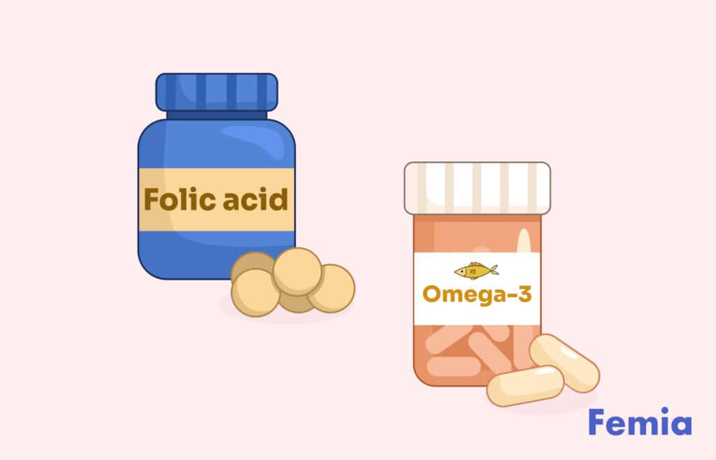 Bottles of folic acid and omega-3 supplements, essential for pre-pregnancy health.