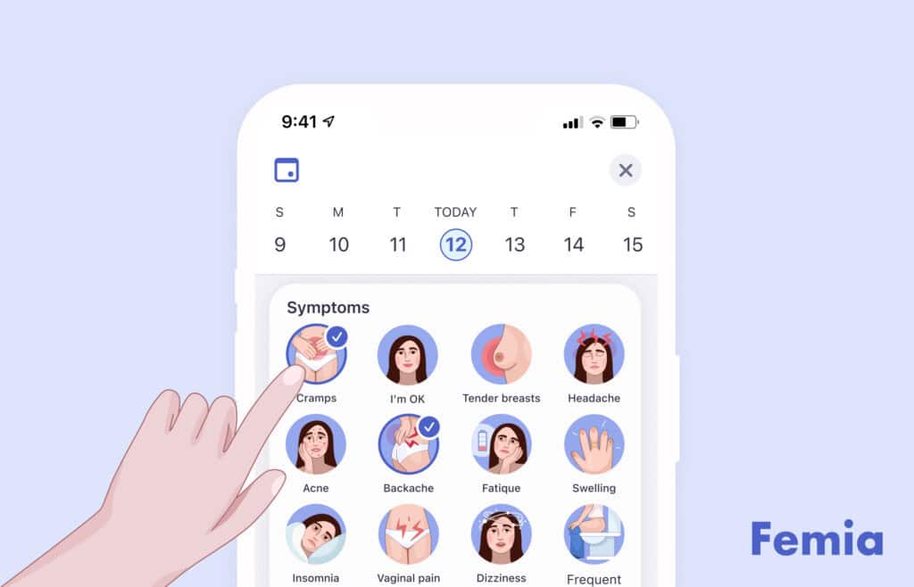 Illustration of a person using a Femia app to track endometriosis symptoms.