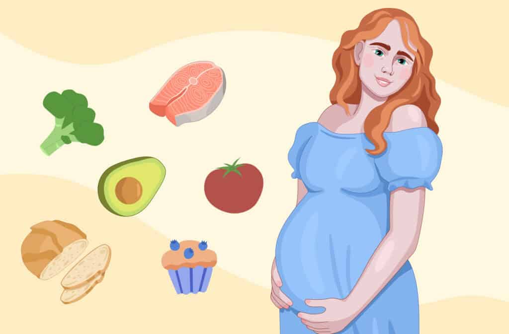 an illustration of a pregnant woman hugging her belly, and different foods to avoid during pregnancy.