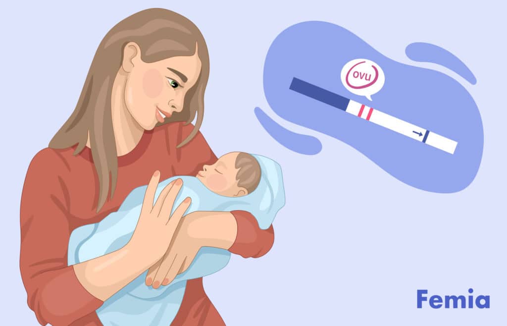 A woman breastfeeding her baby with an inset of an ovulation chart indicating returning fertility while breastfeeding.