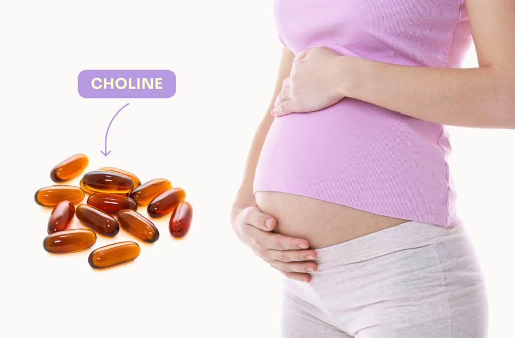 An image of a pregnant woman hugging her belly and a bunch of choline that is essential during pregnancy.