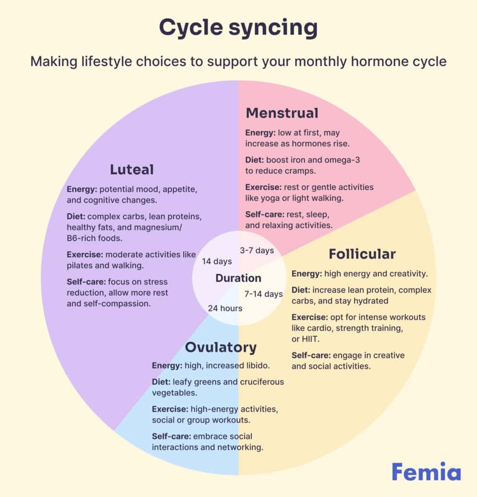 An illustration of a chart showing lifestyle choices to support a monthly hormone cycle.