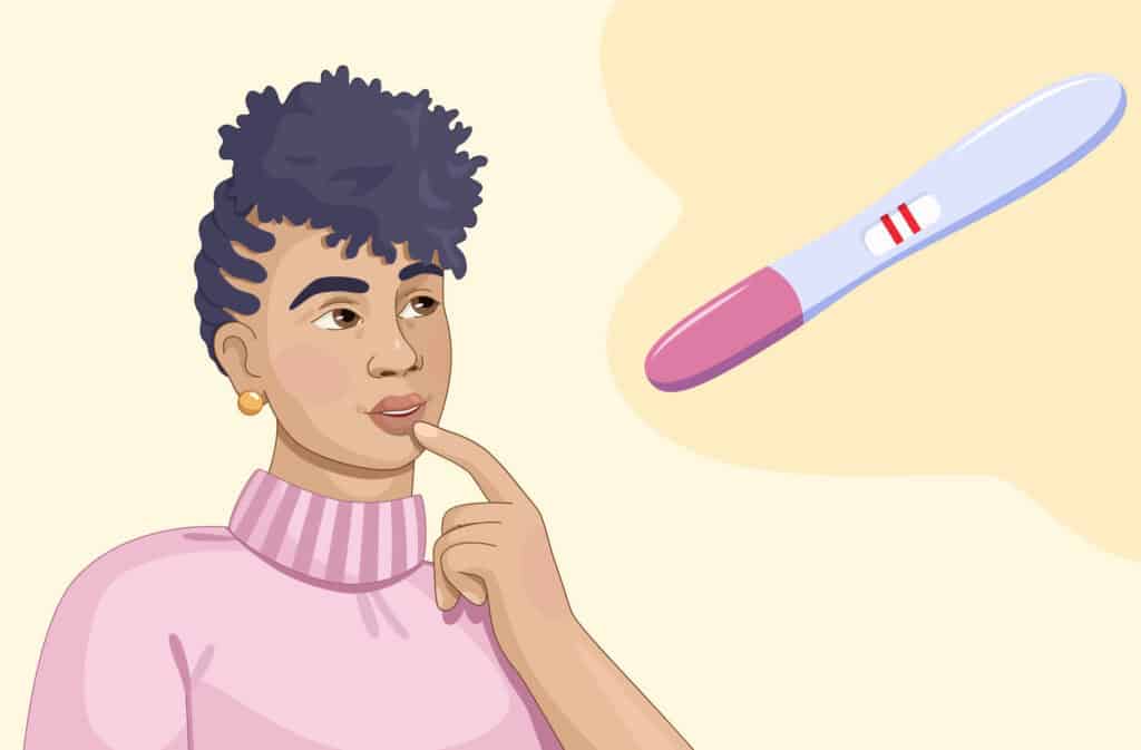 An illustration of a woman in her 40's and a positive pregnancy test.