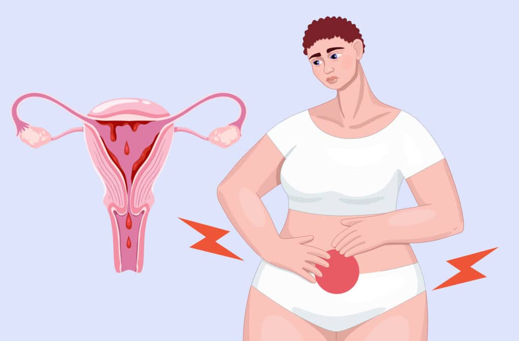 An illustration of a pregnant woman holding her belly and a uterus, representing the difference between period vs. miscarriage.