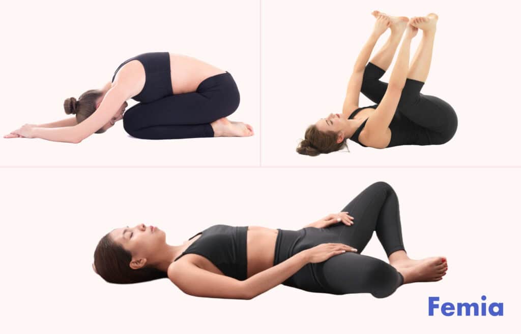 A picture of a woman in child’s pose, flat frog pose and a happy baby pose as a way to stop cramps after orgasm.