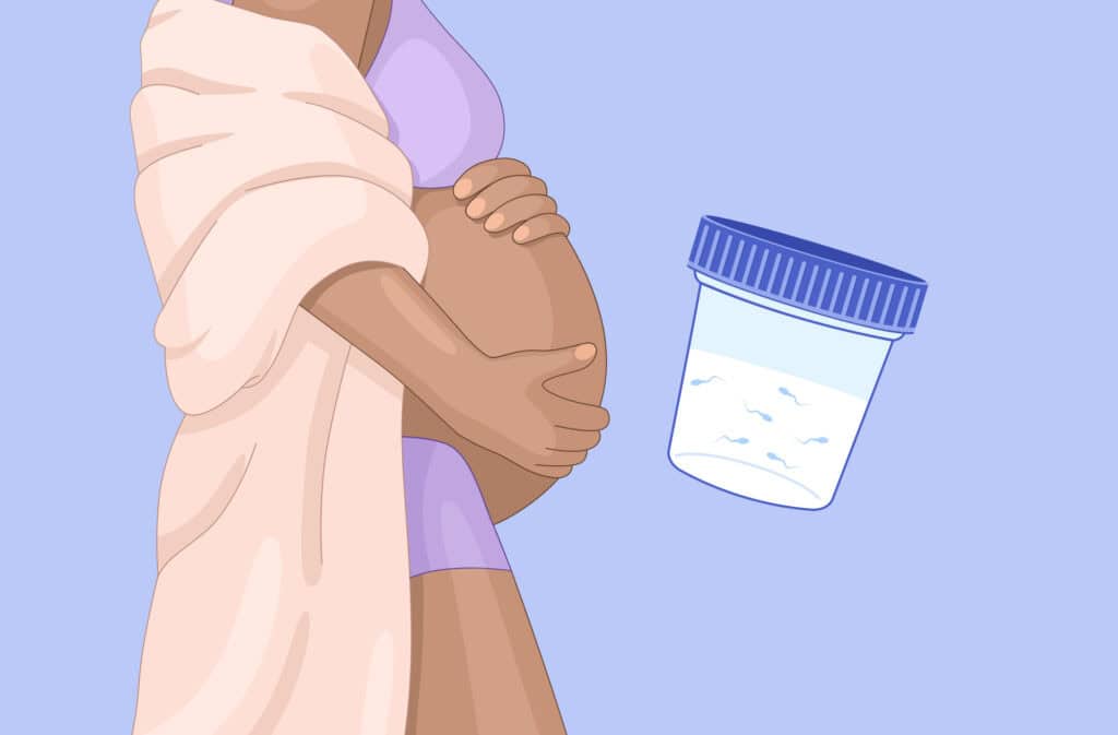 An illustration of a pregnant woman and a container with a sperm representing the impact of a sperm on a baby during pregnancy.