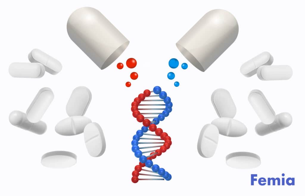 Image of various pills and a DNA strand, symbolizing treatment and genetic research.