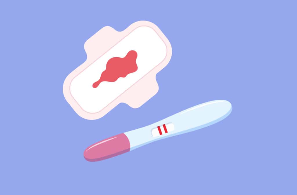 An illustration of a bloody menstrual pad and a positive pregnancy test, representing Can you get pregnant on your period?