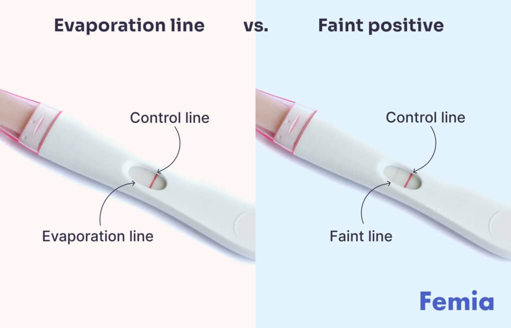 A picture of two pregnancy tests: Evaporation line vs. faint positive.