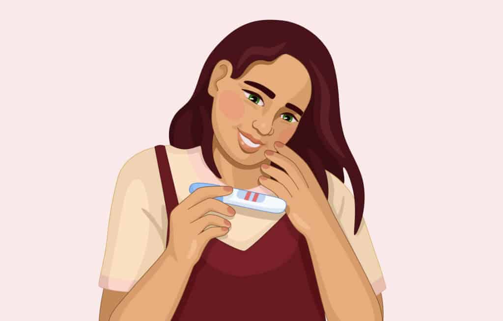 An illustration of a happy woman holding a positive pregnancy test, representing the question How do I know if I am fertile enough to get pregnant?