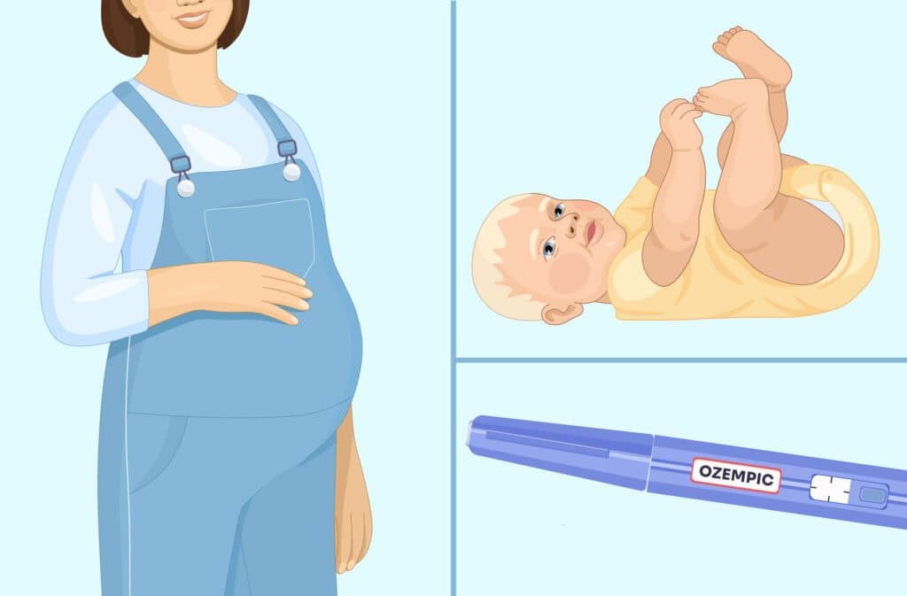 An illustration of a pregnant woman, a baby, and Ozempic representing a phenomenon of Ozempic babies. Viewers of this file can see comments and suggestions.