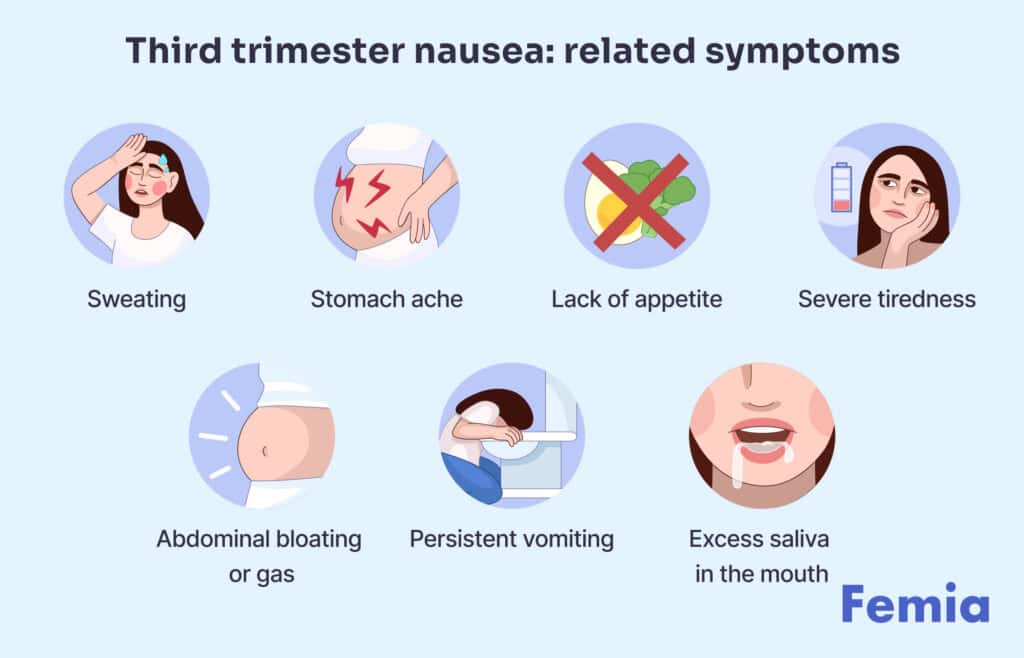 Infographics showing related symptoms to third trimester nausea.